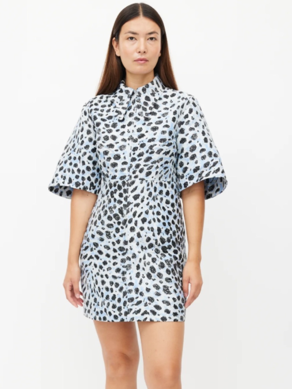 Ganni Blue and Black Leopard-Print Short Sleeve Mini Dress